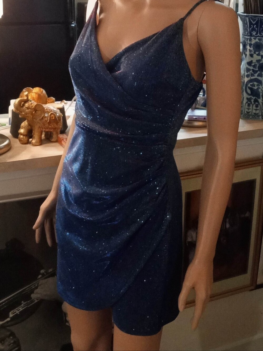 Sparkle Navy Blue Cowl Neck Slip Dress